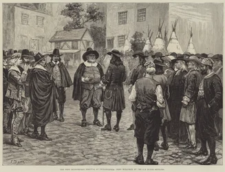 Het Penn Bicentennial Festival in Philadelphia, Penn verwelkomd door de oude Nederlandse kolonisten